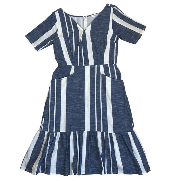 Eshakti Striped Cotton Chambray Flounce Hem Shift Dress Blue White Chic Nautical - Picture 11 of 16